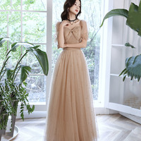 Cute tulle long prom dress A line evening dress - Thumbnail 1