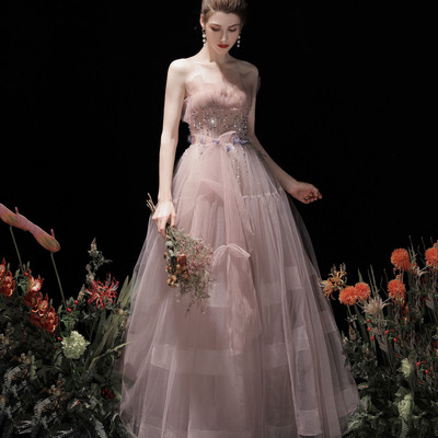 Pink tulle beads long prom dress a line evening dress - Thumbnail 2