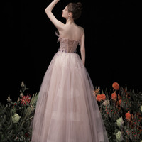 Pink tulle beads long prom dress A line evening dress - Thumbnail 2