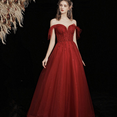 Burgundy tulle beads long prom dress a line evening gown - Thumbnail 2