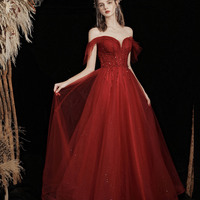 Burgundy tulle beads long prom dress A line evening gown - Thumbnail 1