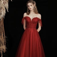 Burgundy tulle beads long prom dress A line evening gown - Thumbnail 2