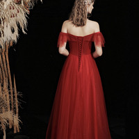 Burgundy tulle beads long prom dress A line evening gown - Thumbnail 3