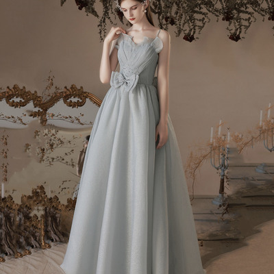 Gray soft chiffon long prom dress a line evening dress - Thumbnail 3