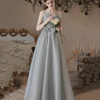 Gray soft chiffon long prom dress A line evening dress - Thumbnail 1