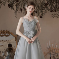 Gray soft chiffon long prom dress A line evening dress - Thumbnail 2