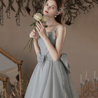 Gray soft chiffon long prom dress A line evening dress - Thumbnail 3