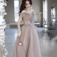 Cute tulle long prom dress A line evening dress - Thumbnail 5