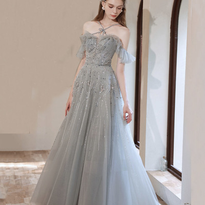 Gray tulle beads long prom dress a line evening dress - Thumbnail 2