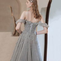 Gray tulle beads long prom dress A line evening dress - Thumbnail 5