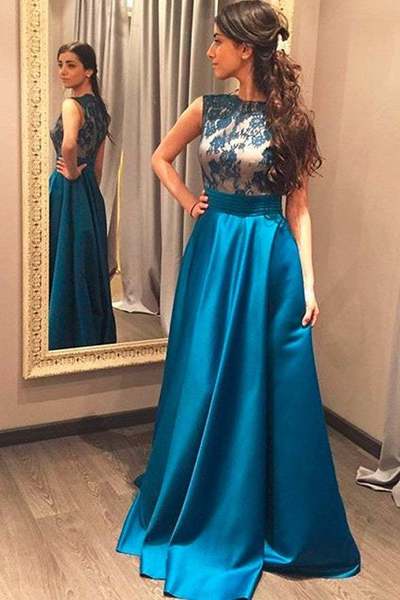 Simple Blue Prom Dresses,Satin Party Dresses,Lace Cheap Women Dresses,734