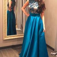 Simple Blue Prom Dresses,Satin Party Dresses,Lace Cheap Women Dresses,734 - Thumbnail 2
