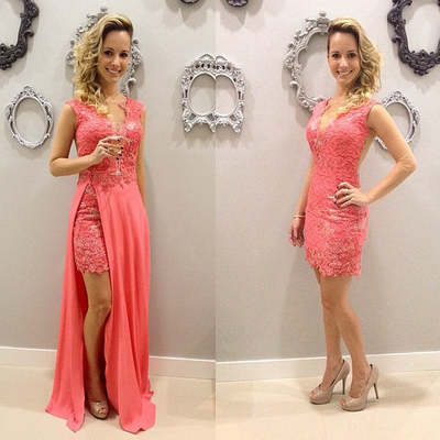 Short elegant sleeveless v-neck lace chiffon pink detachable prom dresses,sexy coral color lace evening gown,1276