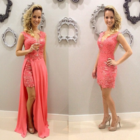 Short Elegant Sleeveless V-neck Lace Chiffon Pink Detachable Prom Dresses,Sexy Coral Color Lace Evening Gown,1276 - Thumbnail 1