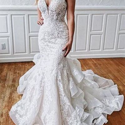 Sexy lace v-neck mermaid wedding dresses,sheer ruffles sleeveless backless floral bridal gowns,1277 - Thumbnail 2
