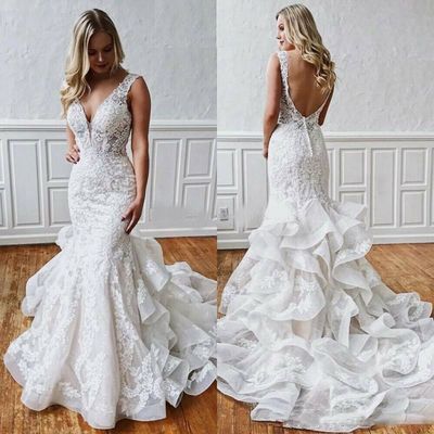 Sexy Lace V-Neck Mermaid Wedding Dresses,Sheer Ruffles Sleeveless Backless Floral Bridal Gowns,1277