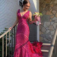 Sparkle V-Neck Fuchsia Mermaid Prom Dress,1279 - Thumbnail 1