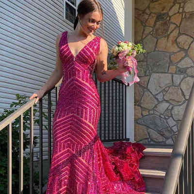 Sparkle v-neck fuchsia mermaid prom dress,1279