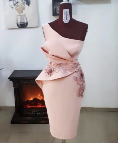 One Shoulder Knee Length Bridesmaid Dresses Pink