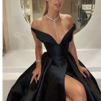 Off Shoulder Black Prom Dresses Slit - Thumbnail 1
