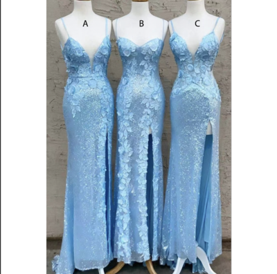 Sky Blue Prom Dresses Slit