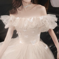 Champagne tulle long prom dress A line evening dress - Thumbnail 1