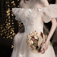 Champagne tulle long prom dress A line evening dress - Thumbnail 2