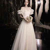 Champagne tulle long prom dress A line evening dress - Thumbnail 3