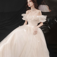 Champagne tulle long prom dress A line evening dress - Thumbnail 4