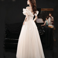 Champagne tulle long prom dress A line evening dress - Thumbnail 6