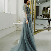 Cute tulle lace long prom dress A line evening dress - Thumbnail 1