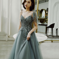 Cute tulle lace long prom dress A line evening dress - Thumbnail 2
