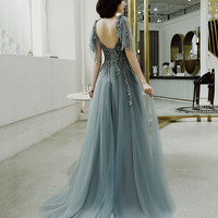 Cute tulle lace long prom dress A line evening dress - Thumbnail 4