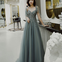 Cute tulle lace long prom dress A line evening dress - Thumbnail 6