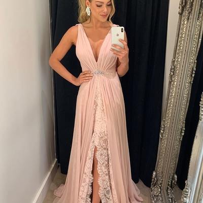 Sp1967,light pink chiffon prom dresses lace evening dress split fashion prom dress - Thumbnail 4