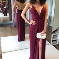 SP1968,Burgundy spaghetti straps long prom dresses,side slit evening party dress,open back special occasion dress - Thumbnail 1