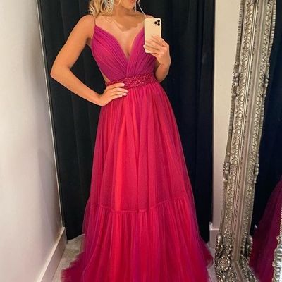 Sp1969,spaghetti straps tulle prom dresses,beaded belt long evening dress