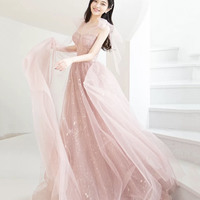 Pink tulle long prom dress A line evening dress - Thumbnail 1