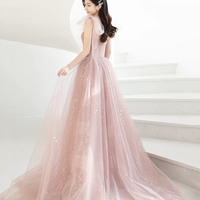 Pink tulle long prom dress A line evening dress - Thumbnail 2