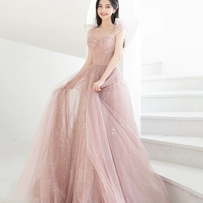 Pink tulle long prom dress a line evening dress - Thumbnail 2