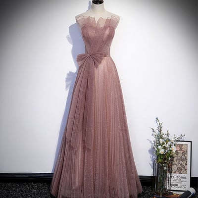 Pink tulle sequins long prom dress a line evening dress