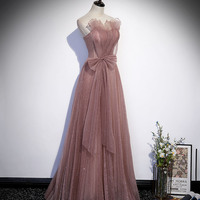 Pink tulle sequins long prom dress A line evening dress - Thumbnail 2