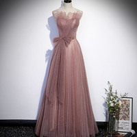 Pink tulle sequins long prom dress A line evening dress - Thumbnail 4