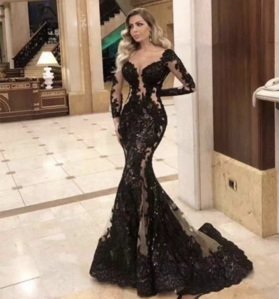 Black Prom Dresses Mermaid Gown with Sleeves