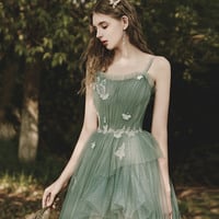 Green tulle lace long prom dress A line evening dress - Thumbnail 1