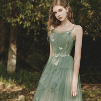 Green tulle lace long prom dress A line evening dress - Thumbnail 2