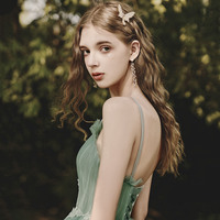 Green tulle lace long prom dress A line evening dress - Thumbnail 3