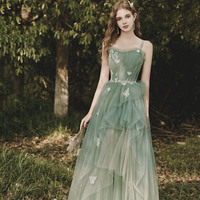 Green tulle lace long prom dress A line evening dress - Thumbnail 4