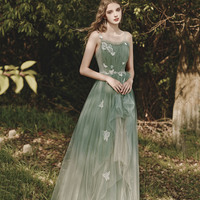 Green tulle lace long prom dress A line evening dress - Thumbnail 5