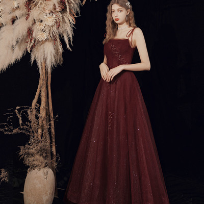 Burgundy tulle beads long prom dress evening dress - Thumbnail 4